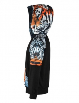 

Black Pullover Hooded Sweatshirts Long Sleeve Tiger Print Casual Pocket Hoodies, Multicolor