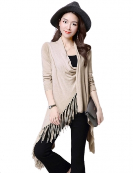 

Beige Women Fashion Long Sleeve Fringed Solid Asymmetrical Cardigan Outwear, Multicolor