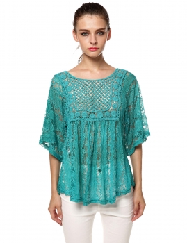 

Meaneor Sky blue Women Medium Sleeve Sheer Crochet Lace Backless Tunic Tank Tops T-Shirts, Multicolor
