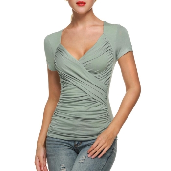

Army green Solid Crossover Front V-Neck Short Sleeve Blouse, Multicolor