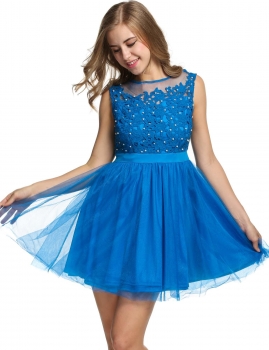 

ANGVNS Blue Women Ladies Sleeveless Sundress Floral Elegant Patchwork Banquet Cocktail Bubble Party Wedding & Bridesmaid Dresses, Multicolor