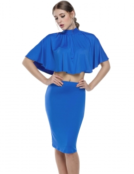 

Blue High Neck Backless Draped Crop Tops Bodycon Dress 2 Pieces Outfit, Multicolor