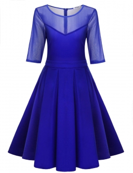 

Blue Pleated Medium Sleeve Patchwork Solid Party Dress, Multicolor