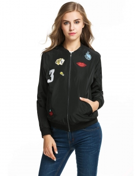 

Black Women Fashion Long Sleeve Zip Up Badged Bomber with Pockets Coats & Jackets, Multicolor