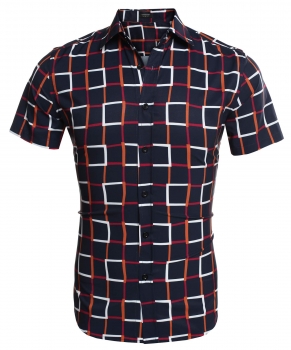 

COOFANDY Navy blue Men Turn Down Collar Short Sleeve Plaid Casual Shirts, Multicolor