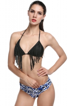 

Black Halter Fringe Printed Split Bikini Set Swimwear, Multicolor