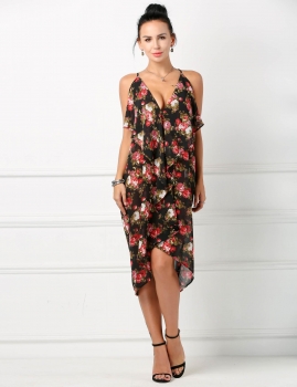 

Women Spaghetti Strap Ruffles Backless Floral Asymmetrical Hem Dress, Multicolor