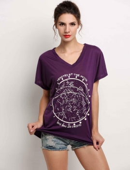 

Purple Women V-Neck Batwing Sleeve Loose Print Long Blouse Tank Tops T-Shirts, Multicolor