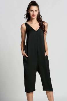 

Black V-Neck Sleeveless Backless Solid Slim Calf Jumpsuit, Multicolor