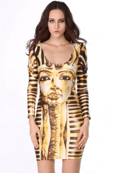 

Golden Sexy Personalized Long Sleeve Digital Printing Sundress Dress, Multicolor