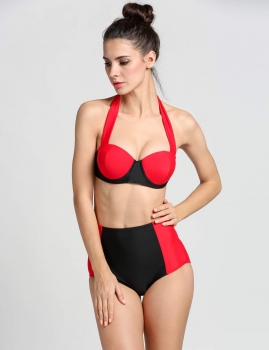 

Red black Halter Padded Top High Waist Contrast Color Bikini Set