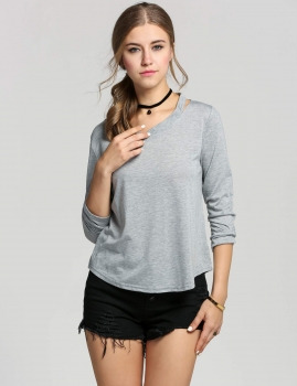 

Grey Solid Cold Shoulder Long Sleeve V Neck Loose Fit Cotton Tops, Multicolor