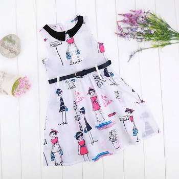 

Fashion Children Girls Peter Pan Collar Sleeveless Dress High Waist Print Sundress With Belt, Multicolor