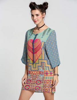 

Coffee Women Fashion European And American Style Round Neck 3"4 Sleeve Geometric Print Straight Short Casual Dresses, Multicolor