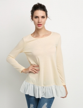 

Apricot Stylish Ladies Women Neck Long Sleeve Chiffon Hem Patchwork Dresses Shirts & Blouses, Multicolor