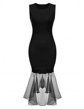 

Black New Fashion Women Sleeveless Bodycon Dress Ruffles Asymmetric Hem Patchwork Package Hip Dresses, Multicolor