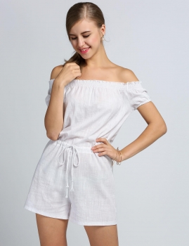 

White Off Shoulder Slash Neck Drawstring Waist Solid Romper, Multicolor