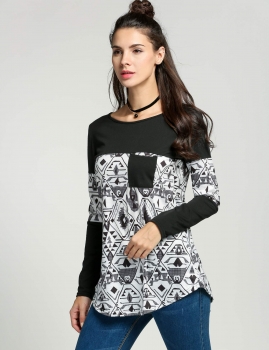 

Black Print Patchwork O-Neck Long Sleeve Long, Multicolor
