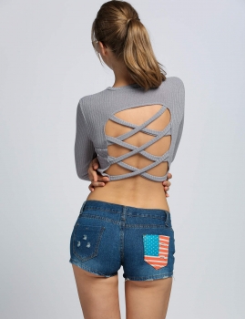

Fashion Women Knitted High Neck Long Sleeve Backless Slim Crop Tops, Multicolor
