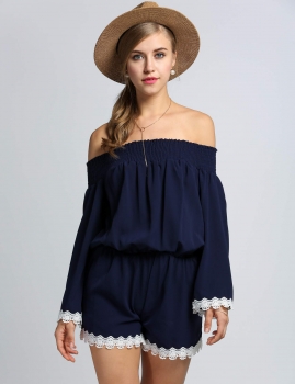 

Fashion Women Off the Shoulder Flare Sleeve Lace Trim Casual Romper Playsuit, Multicolor