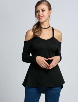 

Black Cold Shoulder Long Sleeve Halter Neck Solid Casual Camisoles, Multicolor