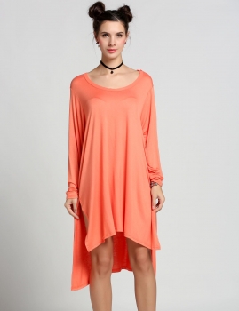 

Orange Solid Long Low Hem Crew Neck Long Sleeve Soft Cloak Tunic, Multicolor